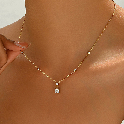 Ожерелья из нержавеющей стали с подвесками в виде банта/овала/квадрата из кубического циркония, золотые