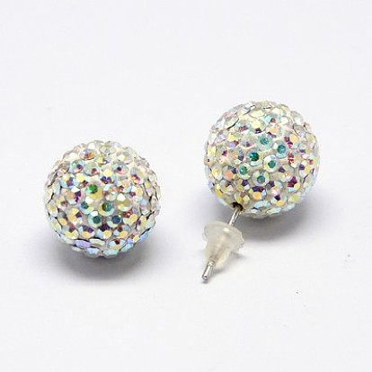 925 Sterling Silver Austrian Crystal Rhinestone Ear Studs, with Plastic Ear Nuts, Round, 12mm, Pin: 0.8mm