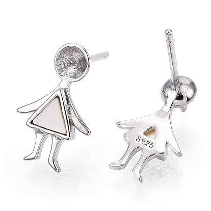 925 Sterling Silver Stud Earring Findings, with Natural Freshwater Shell and Peg Bails, for Half Drilled Beads, Little Girl, Nickel Free, with S925 Stamp