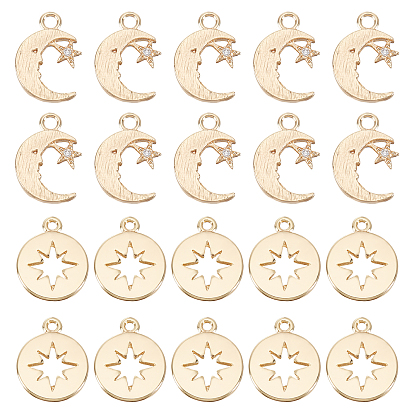 20Pcs 2 Styles Brass Charms, with Cubic Zirconia, Moon & Flat Round with Star