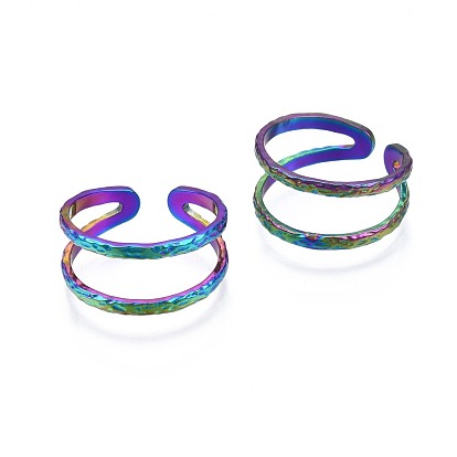 304 Stainless Steel Double Line Wrap Cuff Ring, Rainbow Color Open Ring for Women