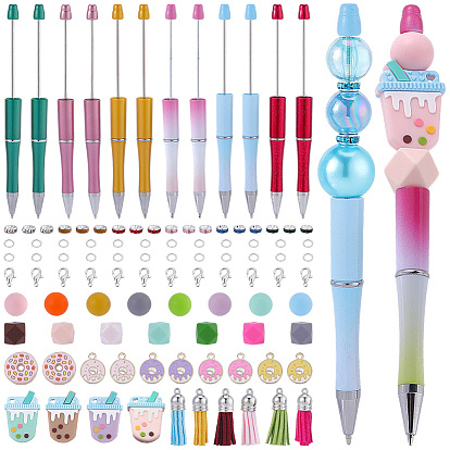 DIY Food Beadable Pens Making Kits, include 12Pcs 6 Styles Plastic Beadable Pens, 12Pcs 6 Colors Faux Suede Tassel, 12Pcs Zinc Alloy Lobster Claw Clasps