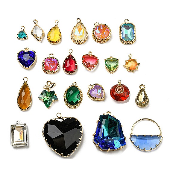 Glass Rhinestone Pendants, with Brass/Iron/Alloy Findings, Mixed Shapes