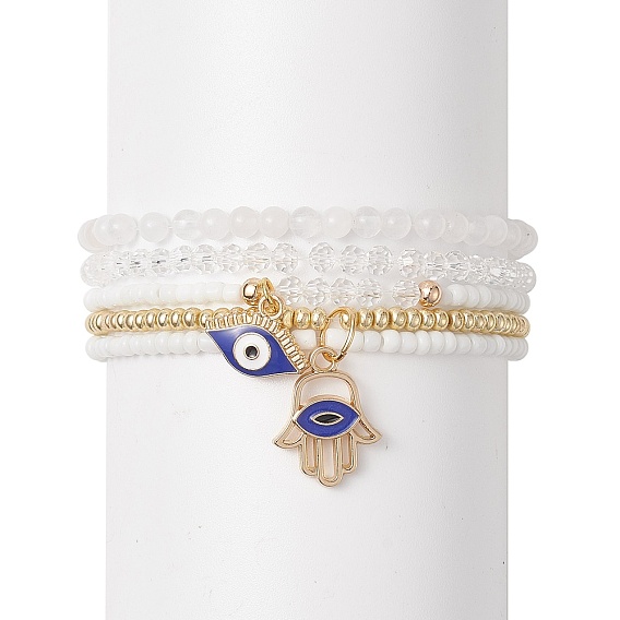 4 шт. 4 комплект браслетов из натурального белого нефрита и стеклянных бусин, Женский браслет с эмалевыми подвесками из сплава сглаза и хамсы
