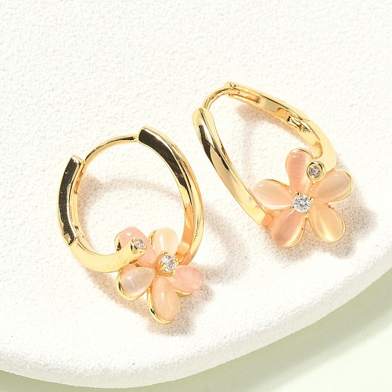 Серьги-кольца с цветочным узором из латуни с микропаве из прозрачных кубических цирконий, без никеля , с кошачий глаз