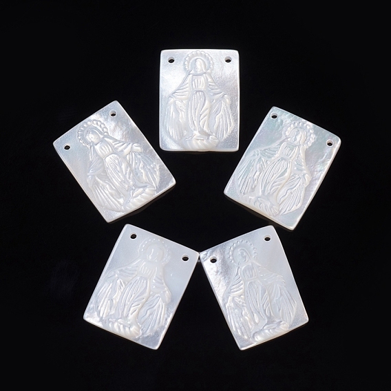 Natural White Shell Pendants, Religion, Rectangle with Virgin Mary