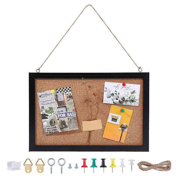 1Bag Rectangle Cork Bulletin Board, Changeable Wood Message Boards, with Jute Cord and Drawing Pins