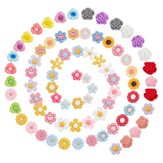 80Pcs 10 Style Opaque Resin Cabochons, Flower & Sunflower