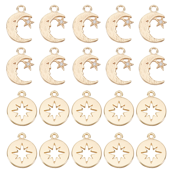 20Pcs 2 Styles Brass Charms, with Cubic Zirconia, Moon & Flat Round with Star