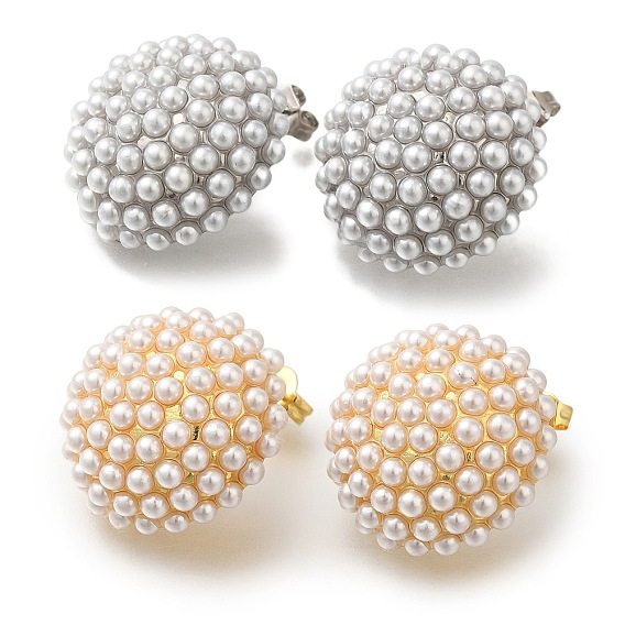 Полка покрытие полукруглые латунные серьги-гвоздики, с пластмассовой жемчужиной abs, долговечный, без свинца и без кадмия