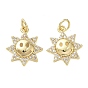 Brass Micro Pave Clear Cubic Zirconia Pendants, Sun with Smiling Face Charms