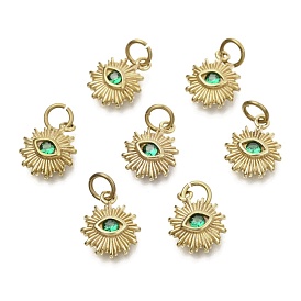 Brass Micro Pave Cubic Zirconia Charms, with Jump Ring, Sun with Evil Eye, Unplated