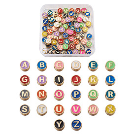 Alloy Enamel Spacer Beads, Cadmium Free & Nickel Free & Lead Free, Flat Round with Initial Letters, Light Gold