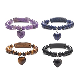 Natural Gemstone Beaded Bracelets, Heart Shape Pendant Bracelet, for Women