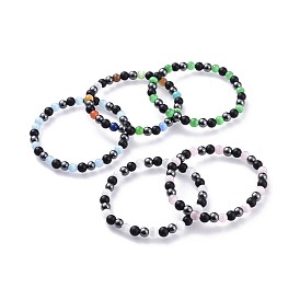 Bracelets élastiques pour les yeux de chat, avec des perles d'agate noire naturelle (teintes) et des perles d'hématite synthétiques non magnétiques, ronde