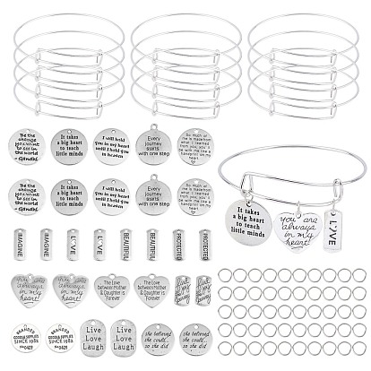 DIY Word Theme Bangle Making Kits, with Alloy Pendants, Adjustable Brass Bangle Makings