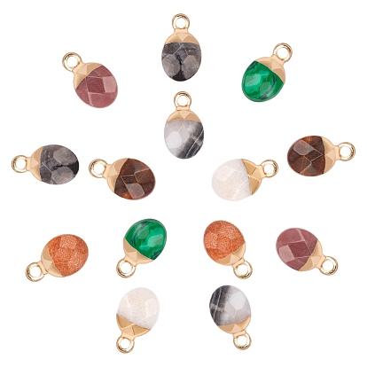 Natural & Synthetic Mixed Gemstone Charms, Top Light Gold Plated, with Iron Loop, Oval, Faceted