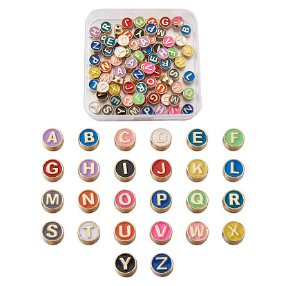 Alloy Enamel Spacer Beads, Cadmium Free & Nickel Free & Lead Free, Flat Round with Initial Letters, Light Gold