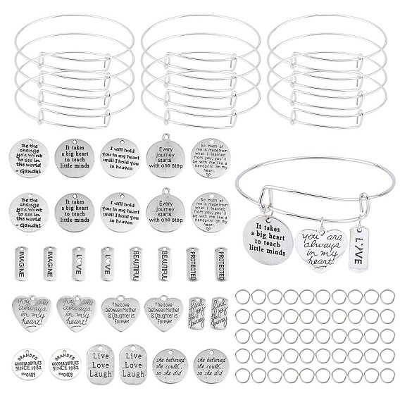 DIY Word Theme Bangle Making Kits, with Alloy Pendants, Adjustable Brass Bangle Makings