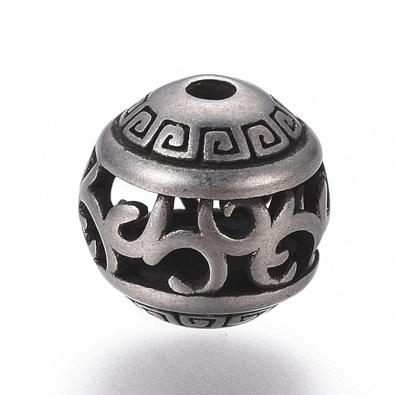 316 Surgical Stainless Steel Beads, Greek key Pattern, Hollow, Round