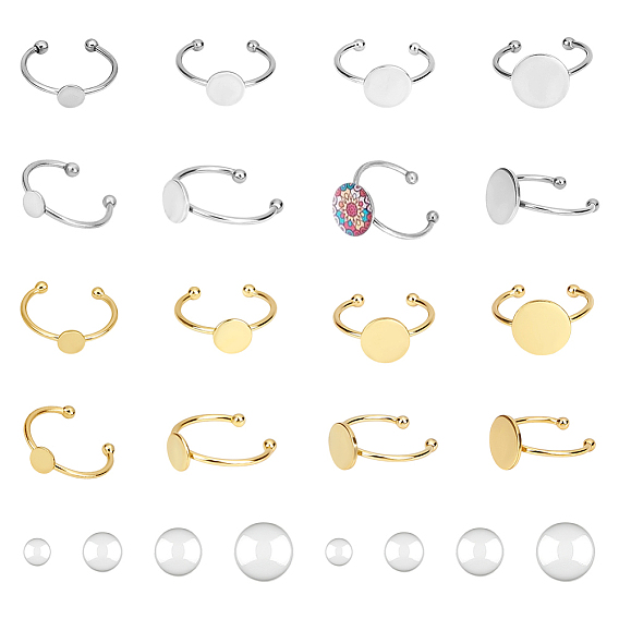 24шт 304 компонент открытого манжетного кольца из нержавеющей стали, настройки звонка, с 24 прозрачными стеклянными кабошонами