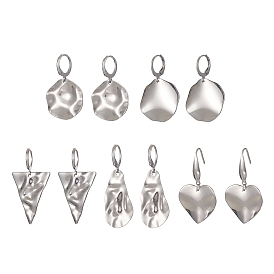 5 Pair 5 Style 201 Stainless Steel Dangle Hoop Earrings with 304 Stainless Steel Pins, Flat Round & Heart & Triangle & Oval