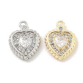 Brass Micro Pave Clear Cubic Zirconia Pendants, Heart Charms