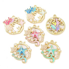 Rack Plating Alloy Enamel Pendants, with ABS Imitation Pearl, Golden, Flat Round Charm