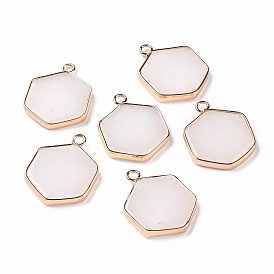 Natural White Jade Pendants, with Light Gold Plated Brass Findings, Hexagon Charm