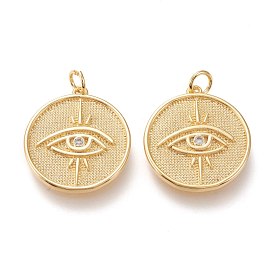 Латунные микропаве прозрачные подвески с фианитом, с прыжковых колец, долговечный, плоские круглые с глаз