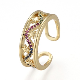 Brass Micro Pave Cubic Zirconia Cuff Rings, Open Rings, Long-Lasting Plated, Star, Colorful
