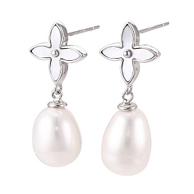 Drop Clover Natural Pearl & Shell Dangle Stud Earrings, Rhodium Plated 925 Sterling Silver Earrings for Women