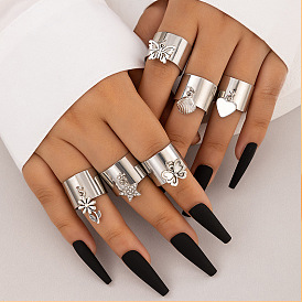 Punk Style Butterfly Flower Star Ring Set with Seashell Heart, 6 Pieces