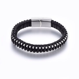 Кожаные браслеты плетеного шнура, 304 магнитная застежка из нержавеющей стали, прямоугольные