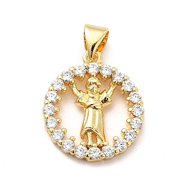 Rack Plating Brass Micro Pave Cubic Zirconia Pendants, Flat Round with Religion Divine Child Jusus Charm, Long-Lasting Plated, Cadmium Free & Lead Free