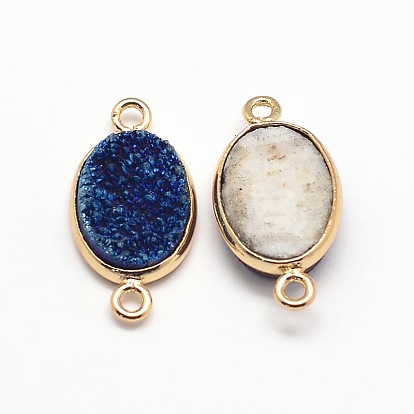 Electroplate Natural Druzy Crystal Links Connectors, with Golden Tone Brass Findings, Oval, Dyed, 23x12x4~8mm, Hole: 2mm