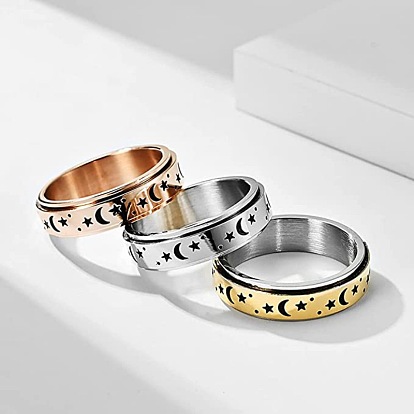 201 Stainless Steel Rotatable Finger Rings, Moon & Star, Spinner Fidget Band Anxiety Stress Relief Ring for Women