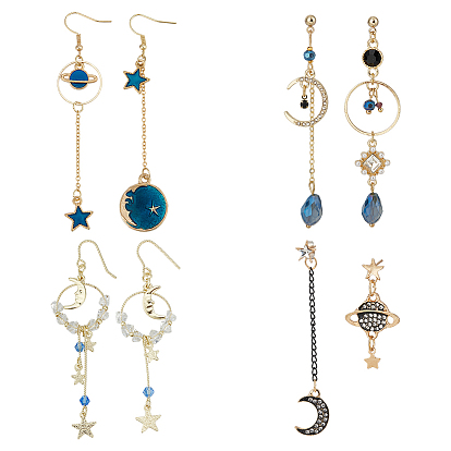 4 комплект 4 стильные серьги-подвески из сплава и серьги-гвоздики, асимметричные серьги с пластиковыми бусинами, эмалью и стразами, планета, луна и звезда