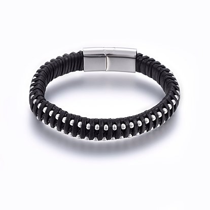 Кожаные браслеты плетеного шнура, 304 магнитная застежка из нержавеющей стали, прямоугольные
