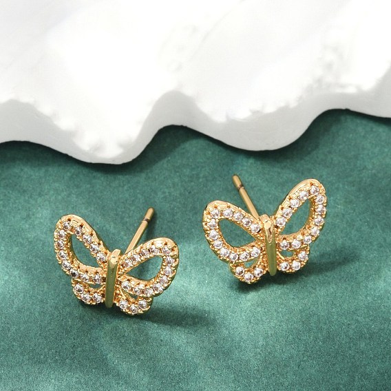 Серьги-гвоздики из латуни с бабочкой из прозрачного кубического циркония для женщин, без кадмия и без свинца, долговечный, стойки покрытие