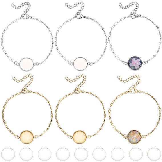 10Pcs 2 Colors 304 Stainless Steel Paperclip Chain Satellite Chain Bracelet Making, with Flat Round 304 Stainless Steel Cabochon Settings, with 10Pcs Transparent Glass Cabochons