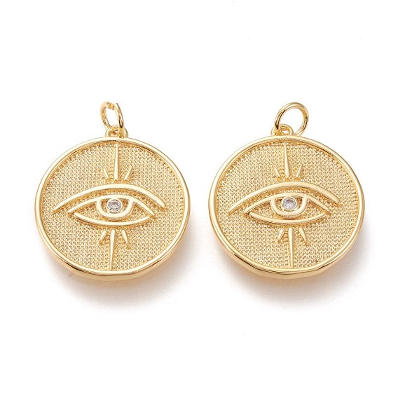 Латунные микропаве прозрачные подвески с фианитом, с прыжковых колец, долговечный, плоские круглые с глаз