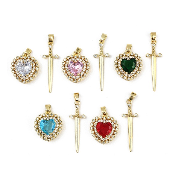 Латунные микропаве прозрачные кубические цирконии подвески наборы, сердце и меч, со стеклом, без свинца и без кадмия, долговечный, стойки покрытие, реальный 18 k позолоченный