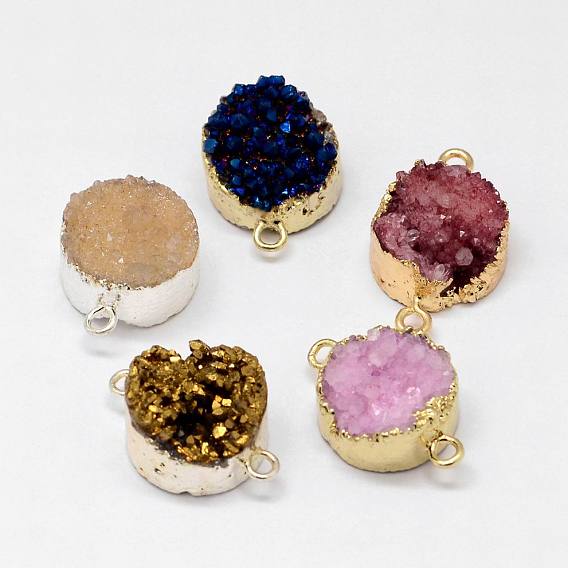 Electroplated Natural & Dyed Druzy Agate Links Connectors, with Brass Findings, Flat Round