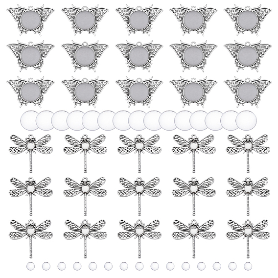 Наборы для самостоятельного изготовления подвесок в виде бабочек и стрекоз, в том числе подвесные кабошоны из сплава, Прозрачные стеклянные кабошоны
