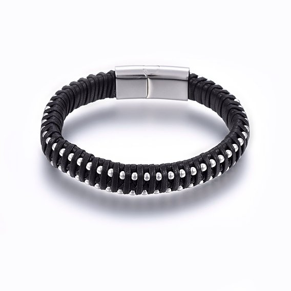 Кожаные браслеты плетеного шнура, 304 магнитная застежка из нержавеющей стали, прямоугольные