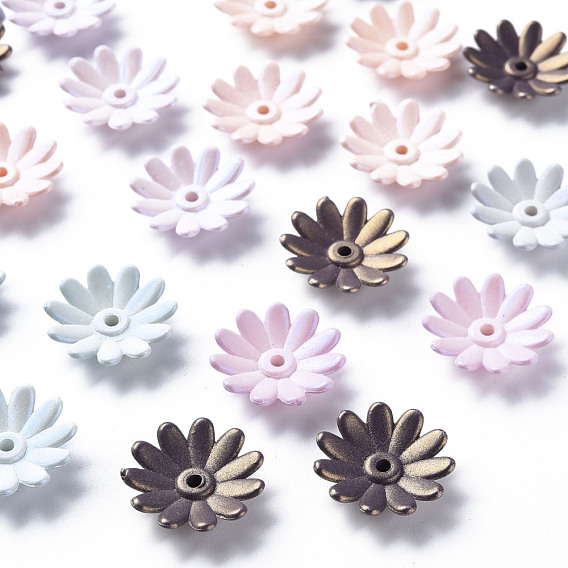 6-Petal Spray Painted Acrylic Bead Caps, Flower