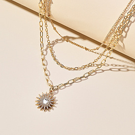 Sunflower Pendant Necklace with Rhinestone - Minimalist, Fashionable, Pearl Chain, Collarbone.