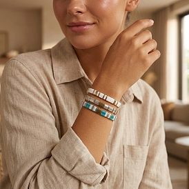 3 Stück 3 Stile quadratische, mit Glasperlen besetzte Stretch-Armbandsets mit synthetischen, nicht magnetischen Hämatitperlen für Damen, verstellbare stapelbare Armbänder, Vergoldete