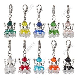 20pcs 10 couleurs décorations pendentif en verre ange, avec alliage homard fermoirs pince
